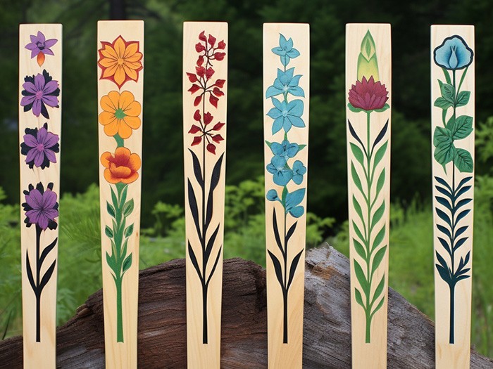 Étiquettes de plantes en bois peint.